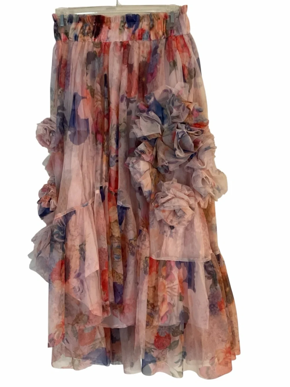 Maeve 3-D Tulle Floral Pink Tiered Tulle Midi Skirt